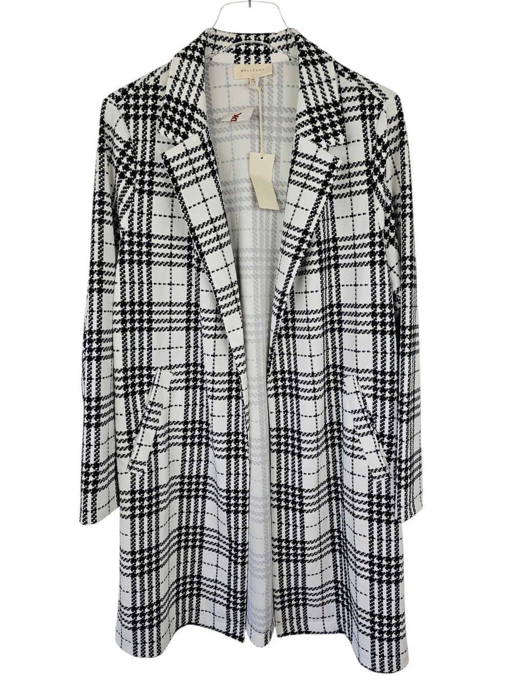 Melloday Black White Plaid Longline Open Front Blazer NWT
